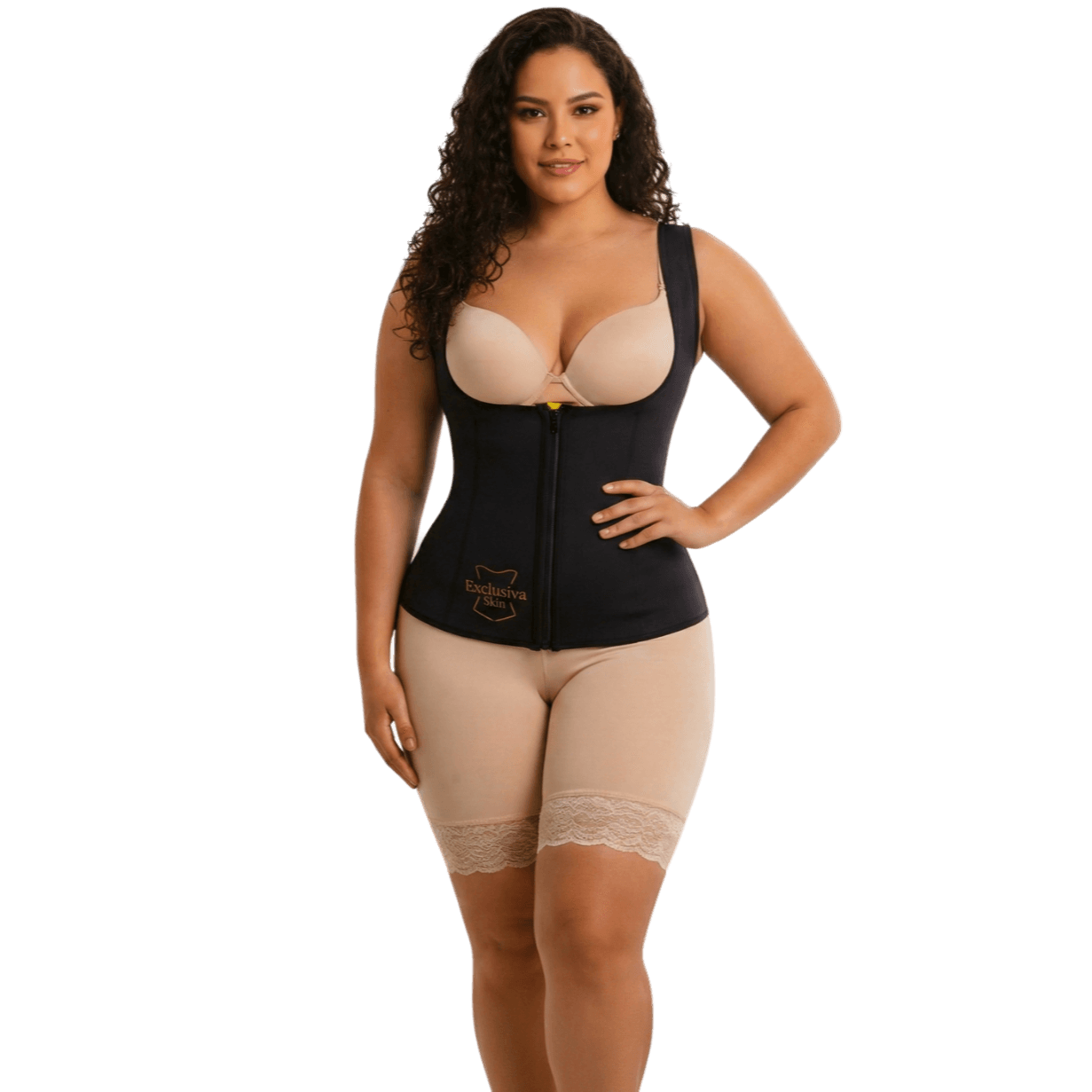 Modelo usando faja chaleco neopreno de frente